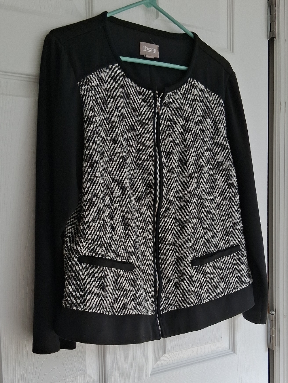 Chico's Black and White Herringbone Zip Jacket